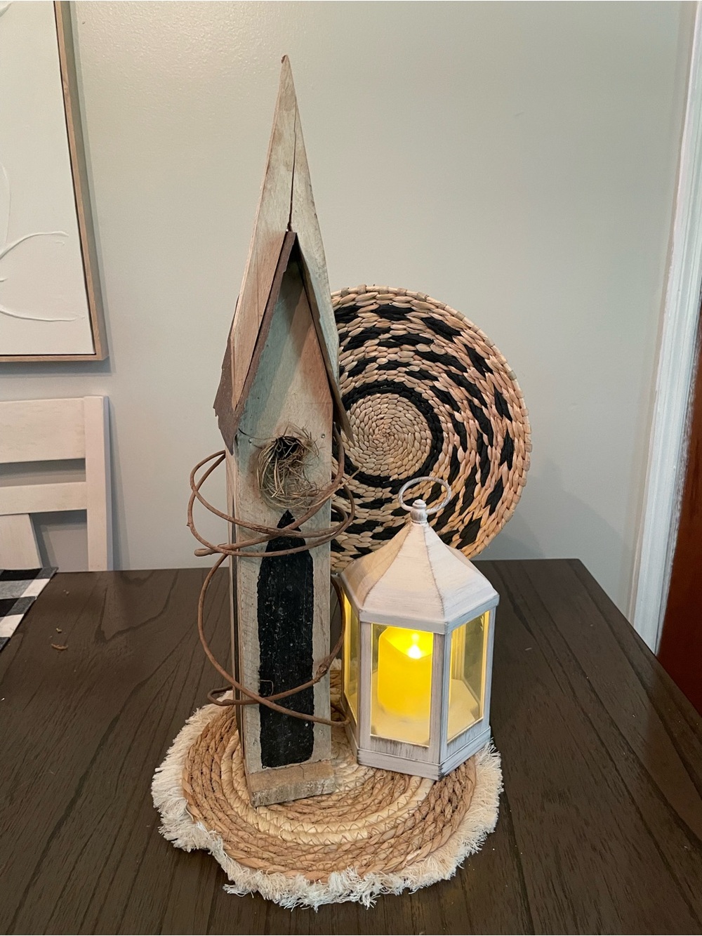 Primitive Natural Wood & Black Birdhouse with White Lantern Accent